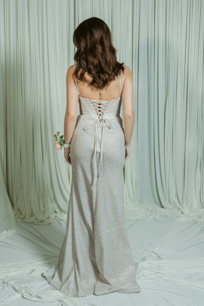 It-Girl Glitter Dusted Corset Thin Strap Formal Dress W/ Slit