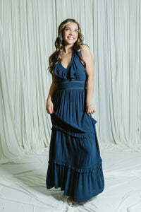 The Navy Daydream V-Neck Tiered Maxi Dress W/ Ruffle Details