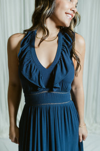The Navy Daydream V-Neck Tiered Maxi Dress W/ Ruffle Details