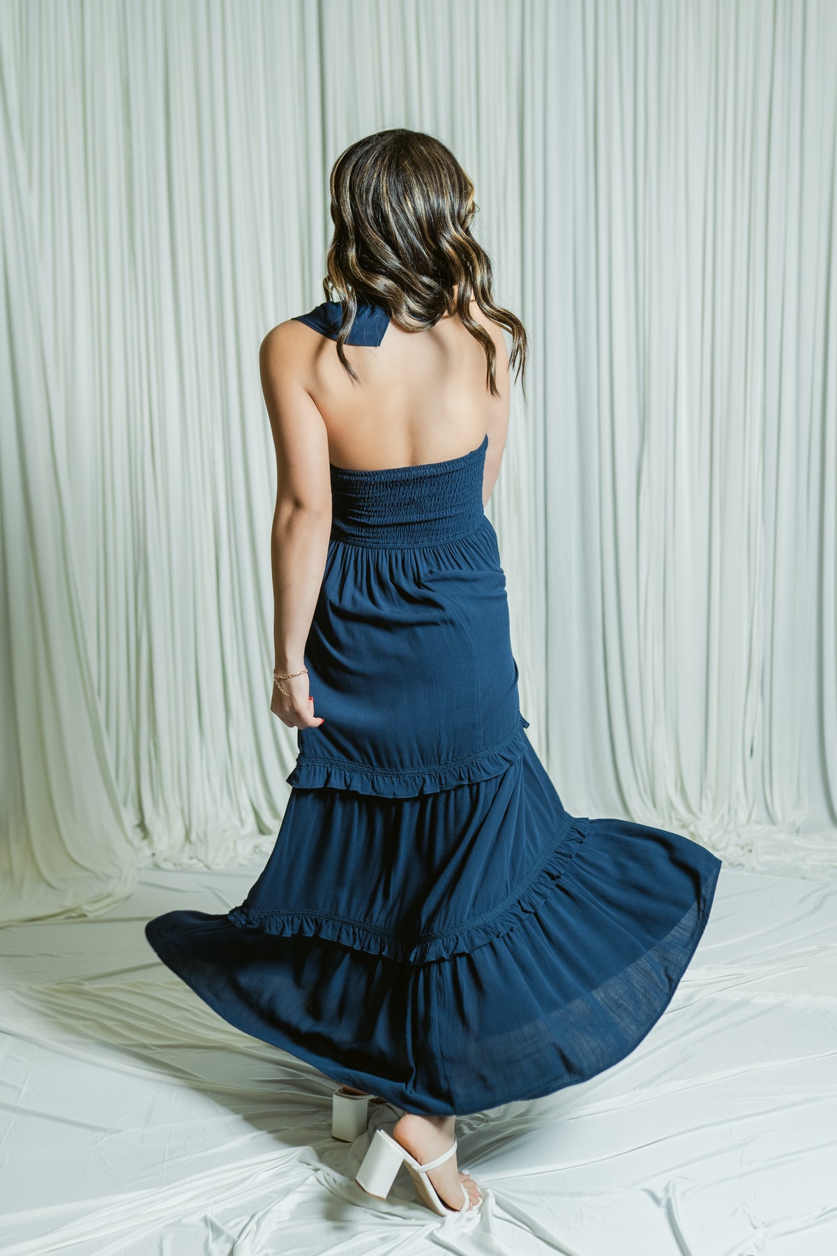 The Navy Daydream V-Neck Tiered Maxi Dress W/ Ruffle Details