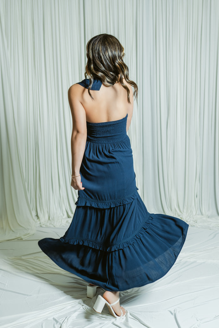 The Navy Daydream V-Neck Tiered Maxi Dress W/ Ruffle Details