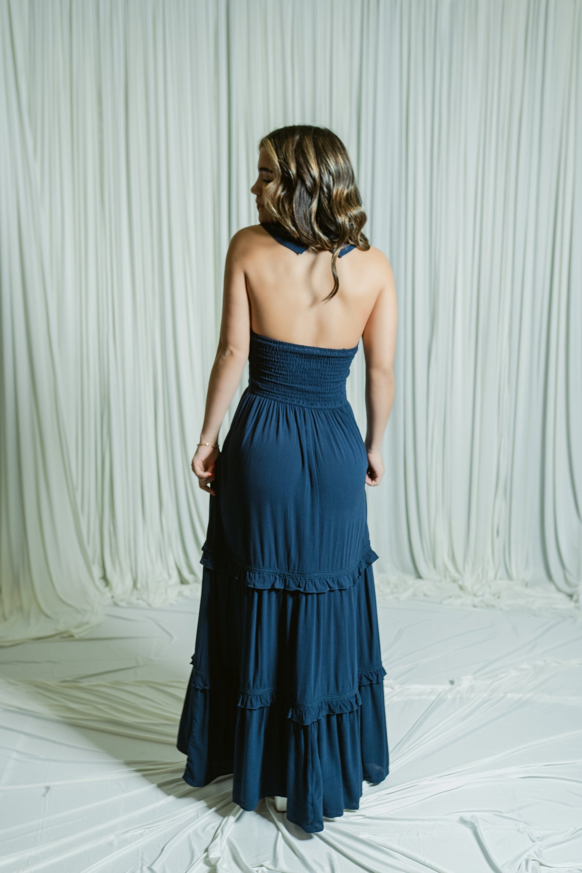 The Navy Daydream V-Neck Tiered Maxi Dress W/ Ruffle Details
