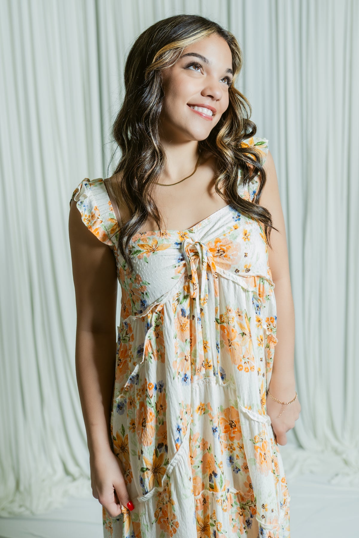 Marigold Muse Ruffle Sleeve Tiered Hi-Low Ruffle Maxi Dress