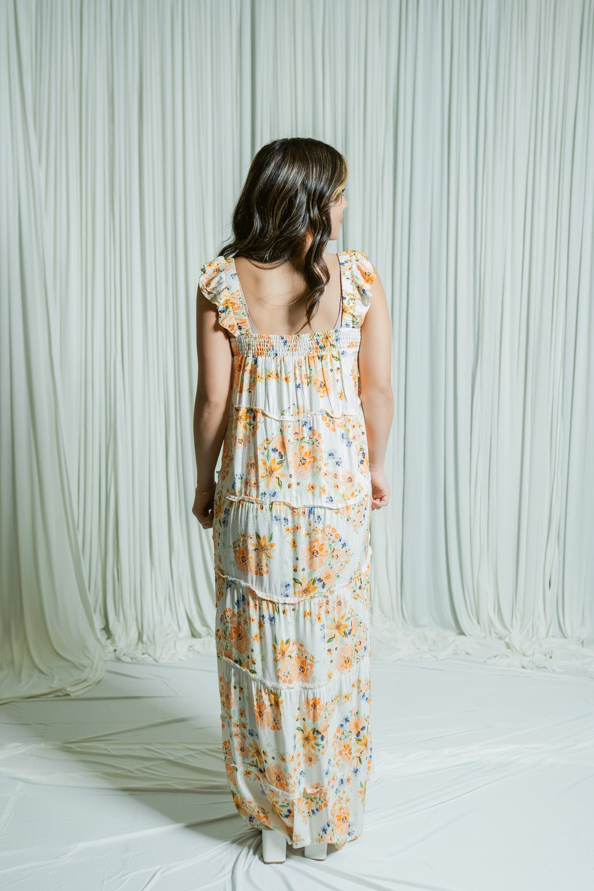 Marigold Muse Ruffle Sleeve Tiered Hi-Low Ruffle Maxi Dress