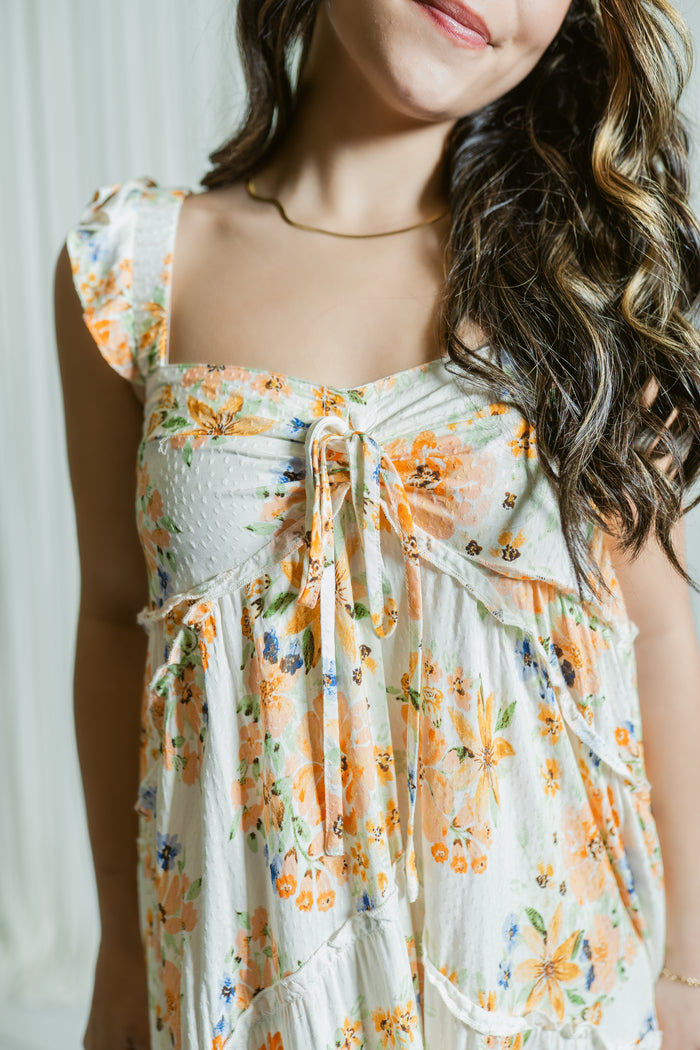 Marigold Muse Ruffle Sleeve Tiered Hi-Low Ruffle Maxi Dress