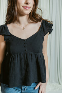 Spring Fling Button Front Gauze Ruffle Crop Top