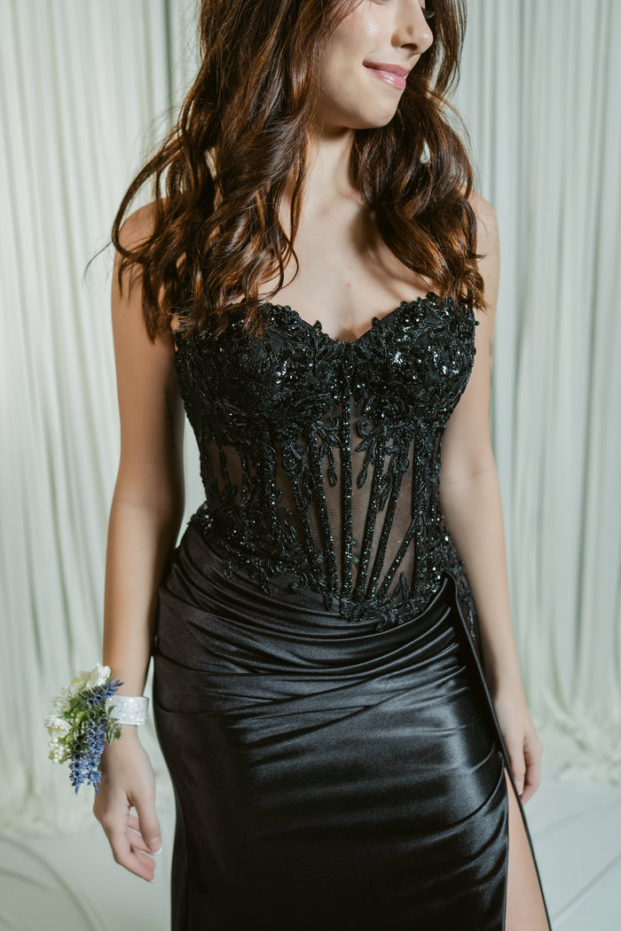 Star of the Scene Embellished Satin Lace Corset Dress