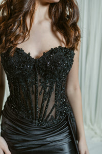 Star of the Scene Embellished Satin Lace Corset Dress