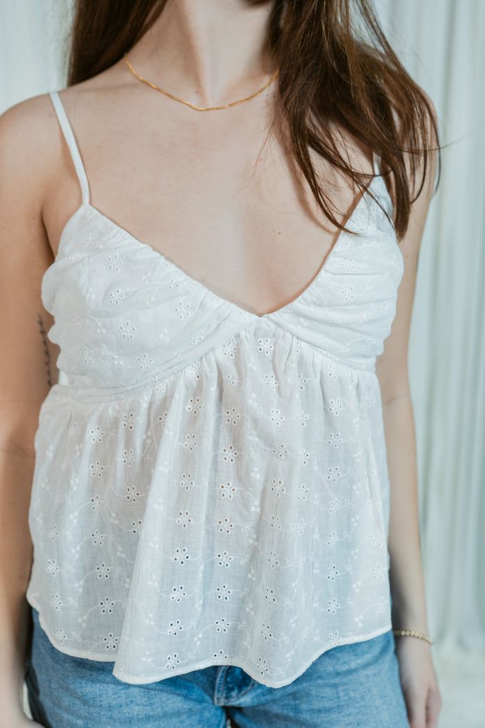 Sweet Peony Eyelet V-Neck Ruched Tank Top