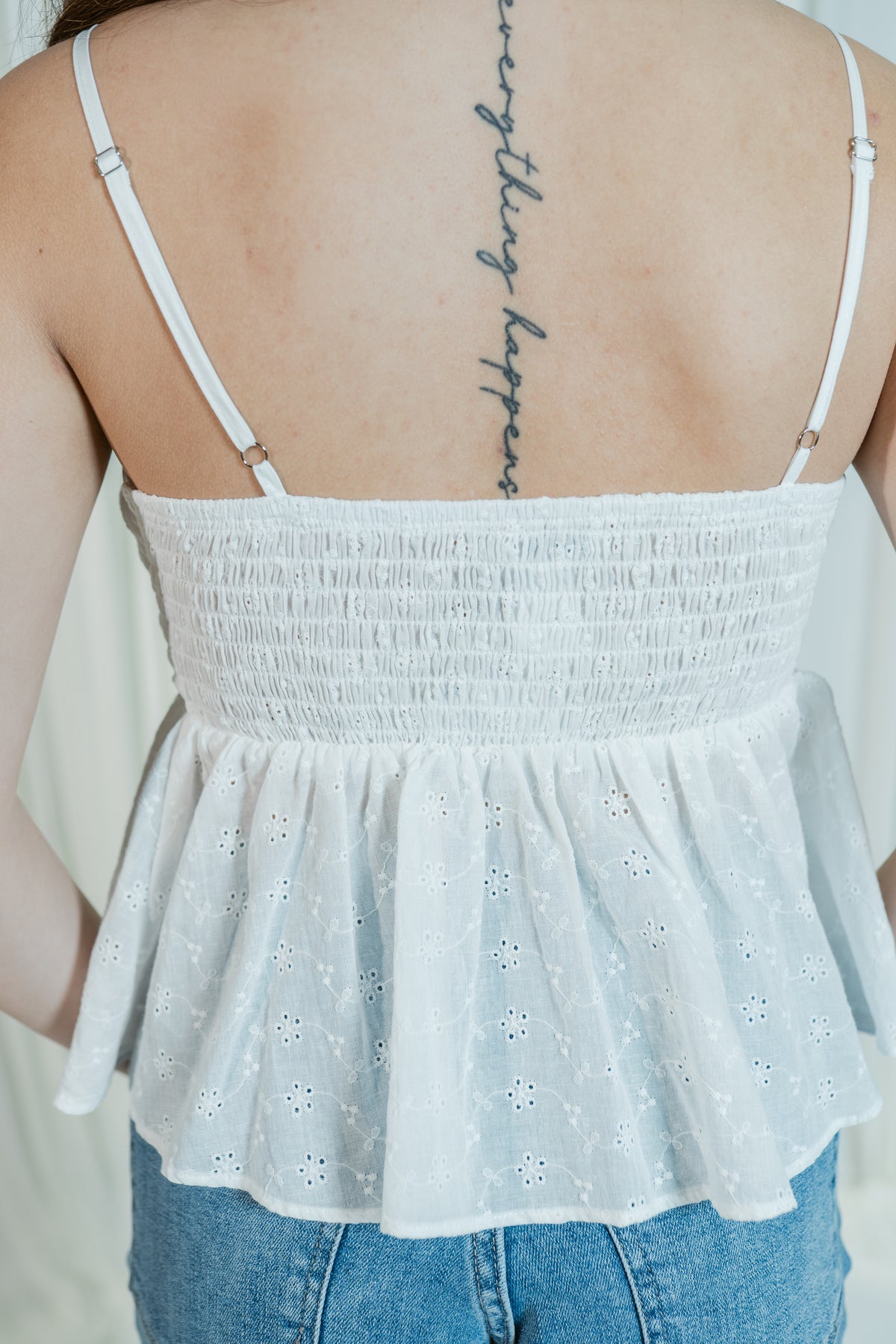 Sweet Peony Eyelet V-Neck Ruched Tank Top