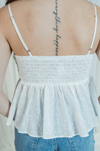Sweet Peony Eyelet V-Neck Ruched Tank Top