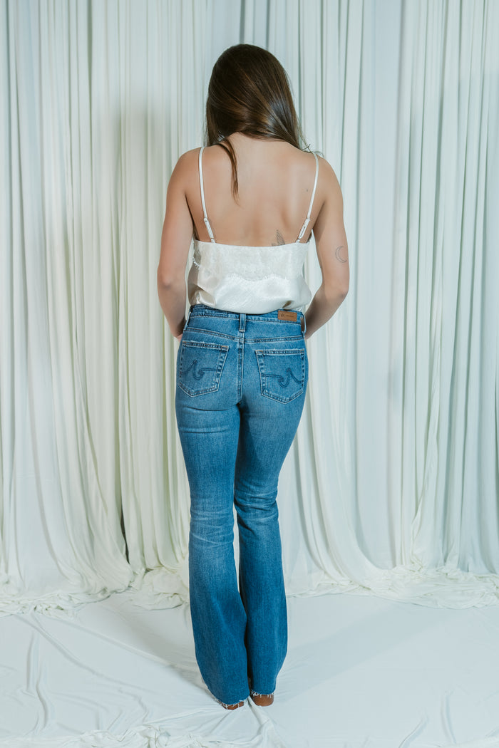 Farrah Favorite Mid Rise Bootcut Jeans W/ Raw Hem