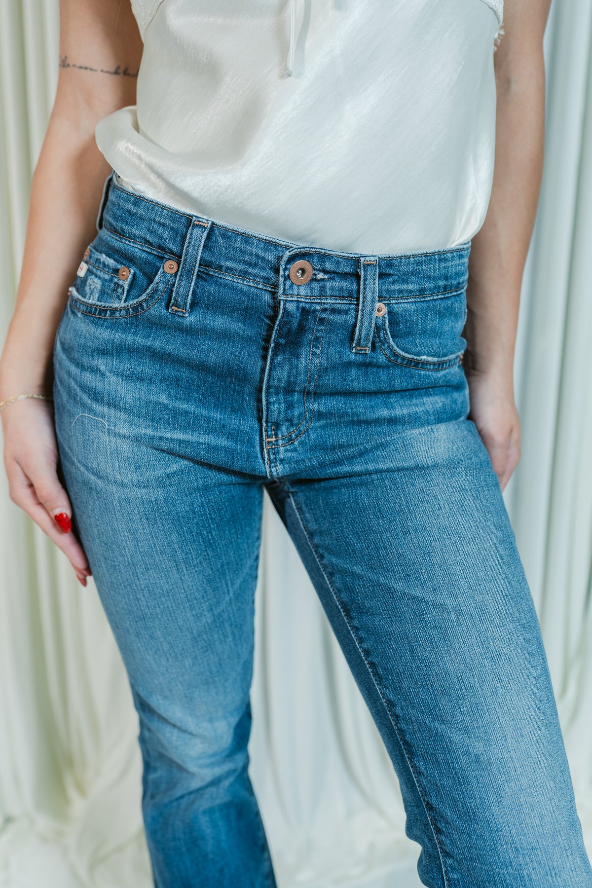 Farrah Favorite Mid Rise Bootcut Jeans W/ Raw Hem