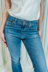 Farrah Favorite Mid Rise Bootcut Jeans W/ Raw Hem