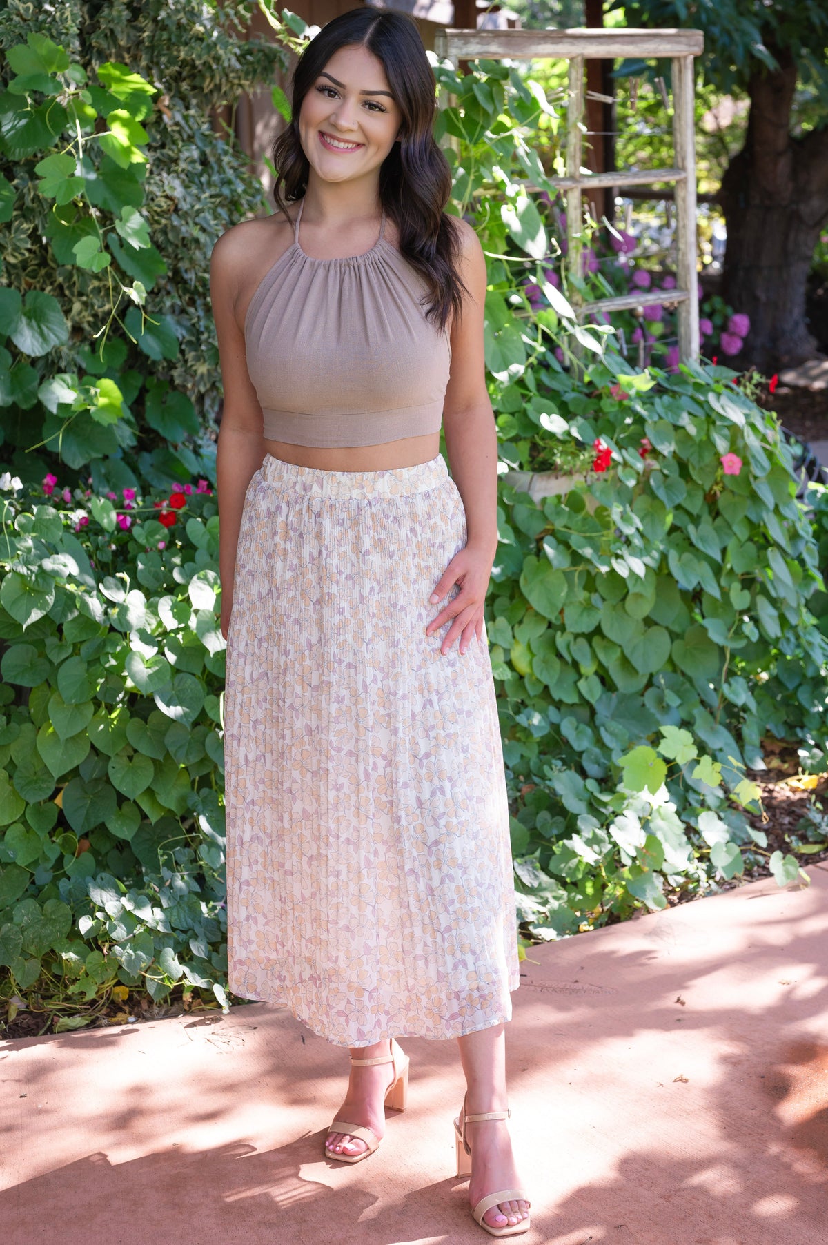 Floral Pleated Lined Midi Skirt