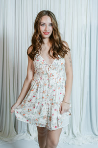 Poppy Rose V-Neck Mini Dress W/ Buttons