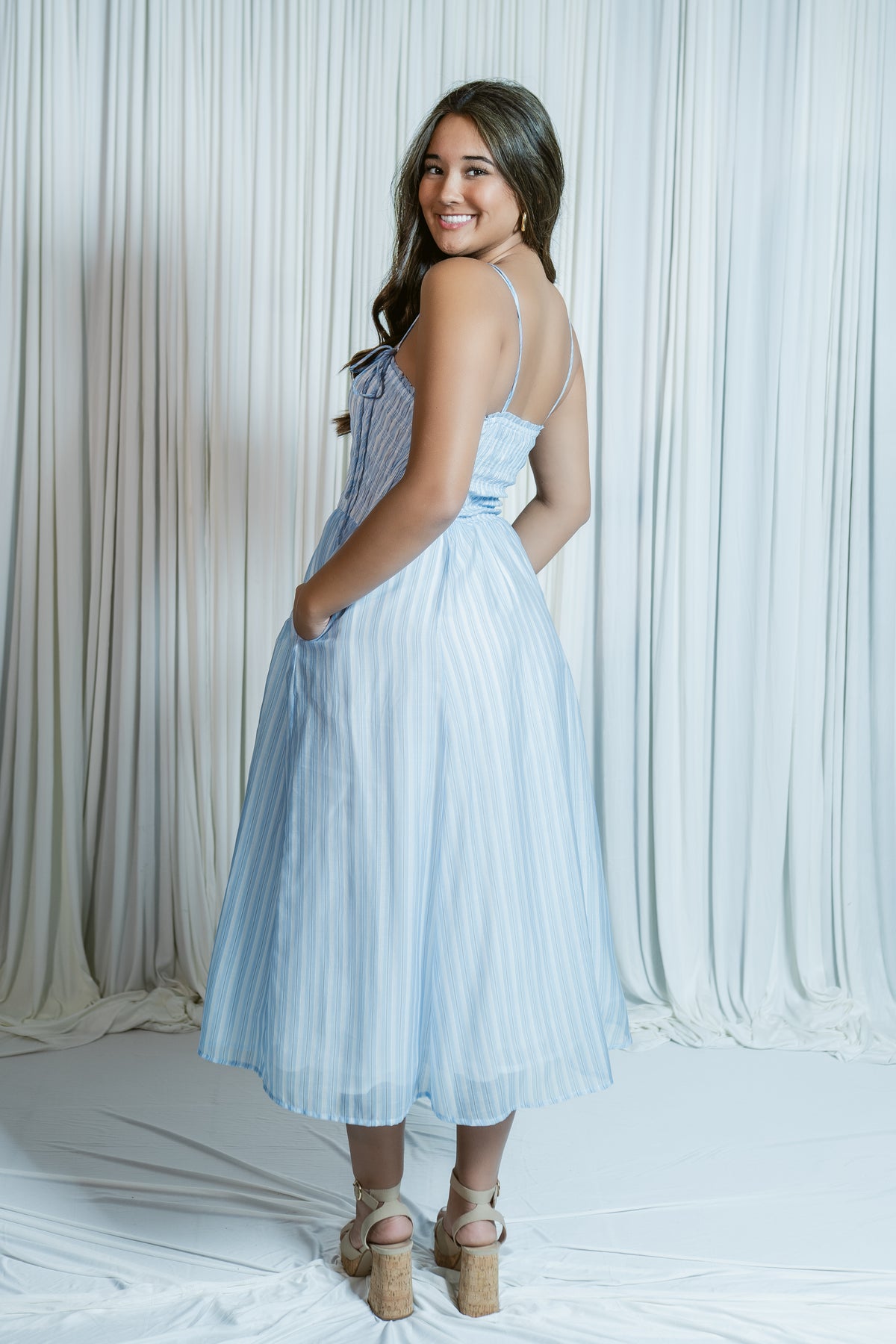 Lahela in the Hamptons Smocked Striped Midi Dress