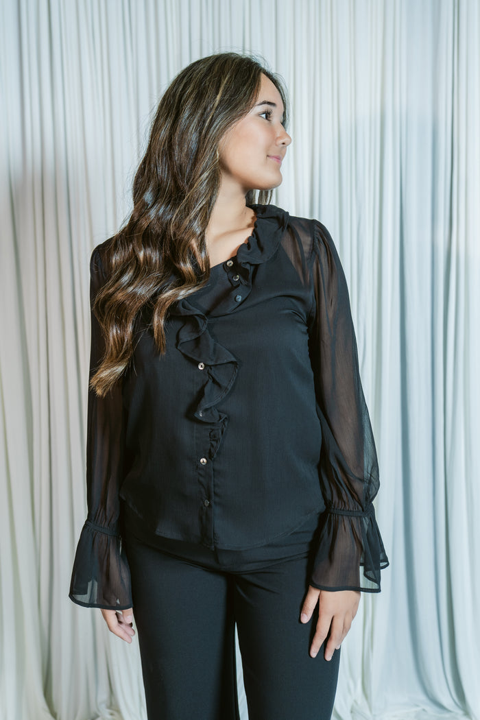 The Ruffle Delilah Sheer Long Sleeve W/ Laying Piece