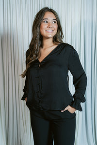 Signature Button Front Long Sleeve Blouse