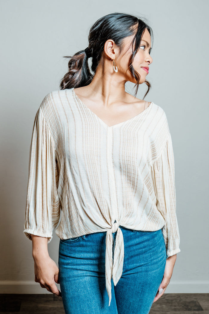 Striped Tied Front Balloon Sleeve Blouse