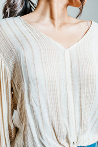 Striped Tied Front Balloon Sleeve Blouse