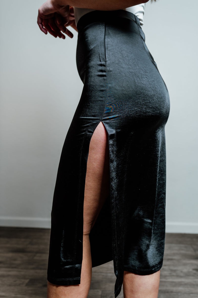 Satin Side Slit Midi Skirt