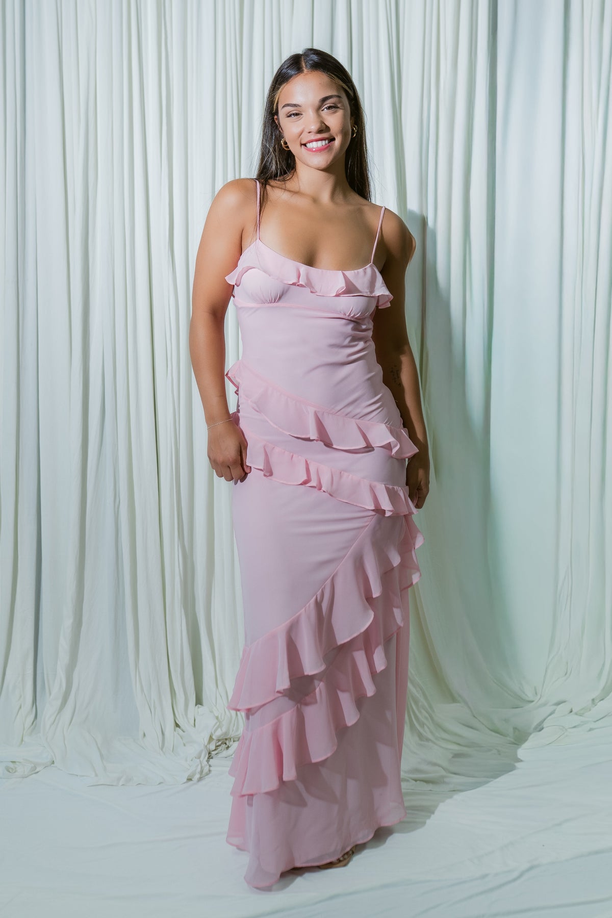 Pink Peony Ruffle Maxi Dress