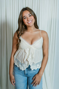 Brielle Babydoll Lace Trim V-Neck Cami Top