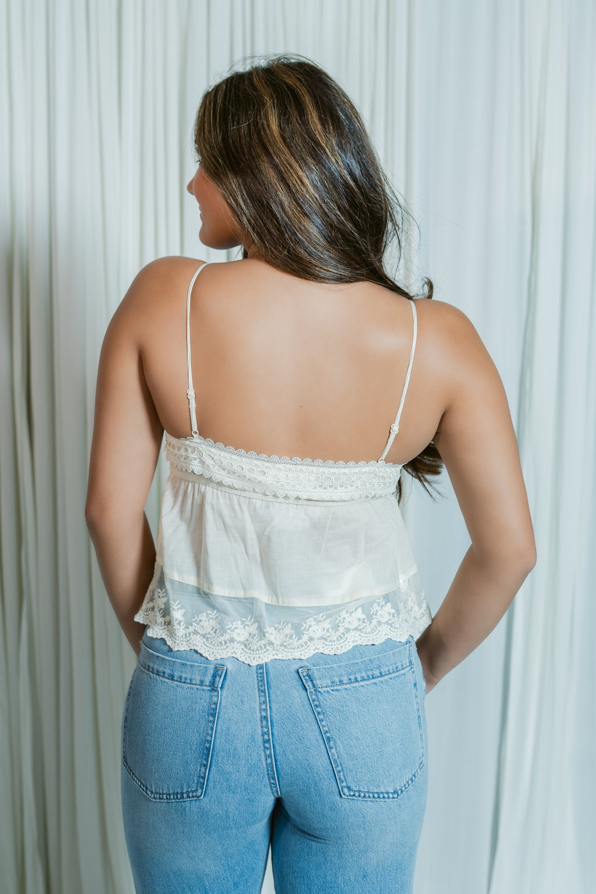 Brielle Babydoll Lace Trim V-Neck Cami Top