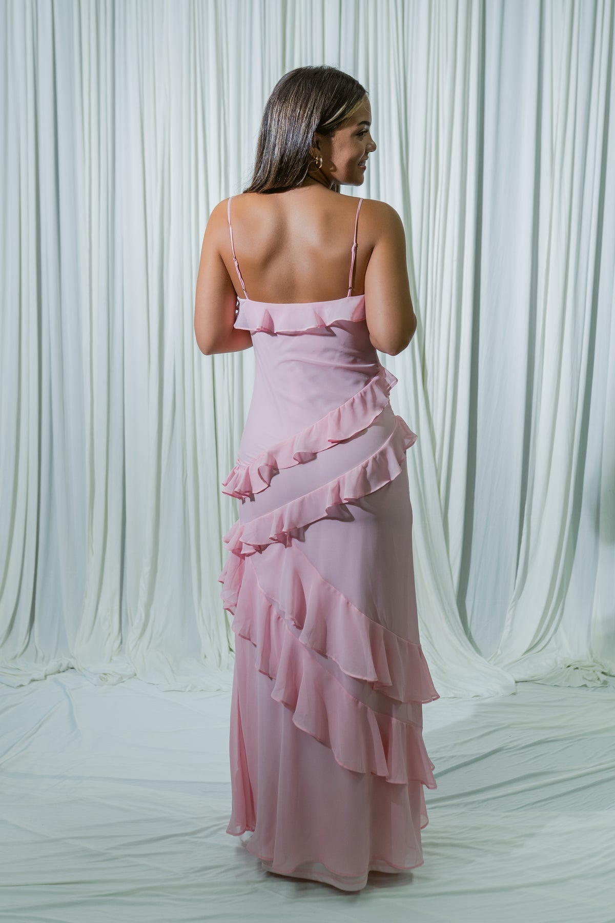 Pink Peony Ruffle Maxi Dress