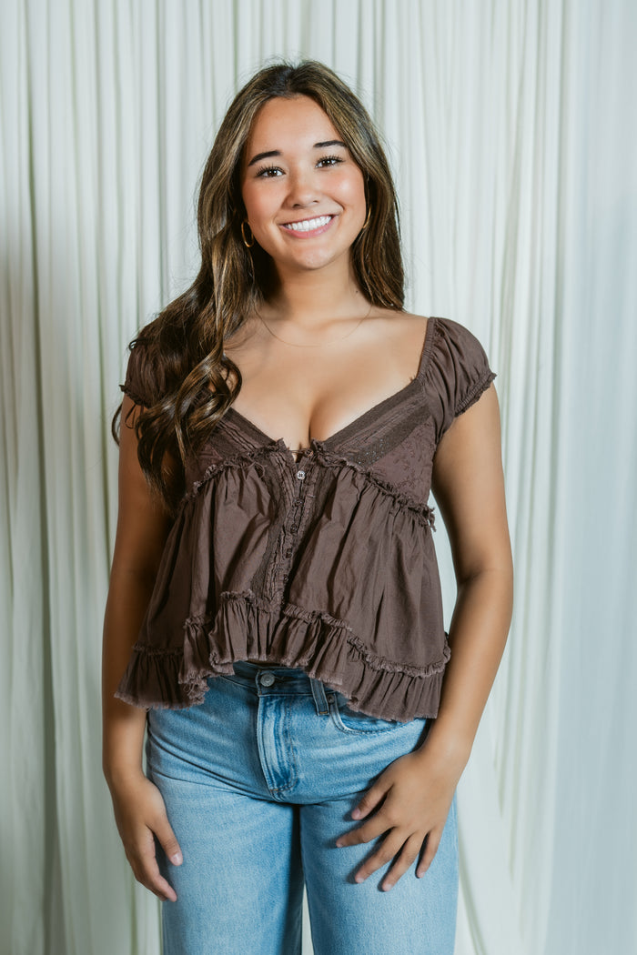 Aveline V-Neck Cap Sleeve Boho Babydoll Top