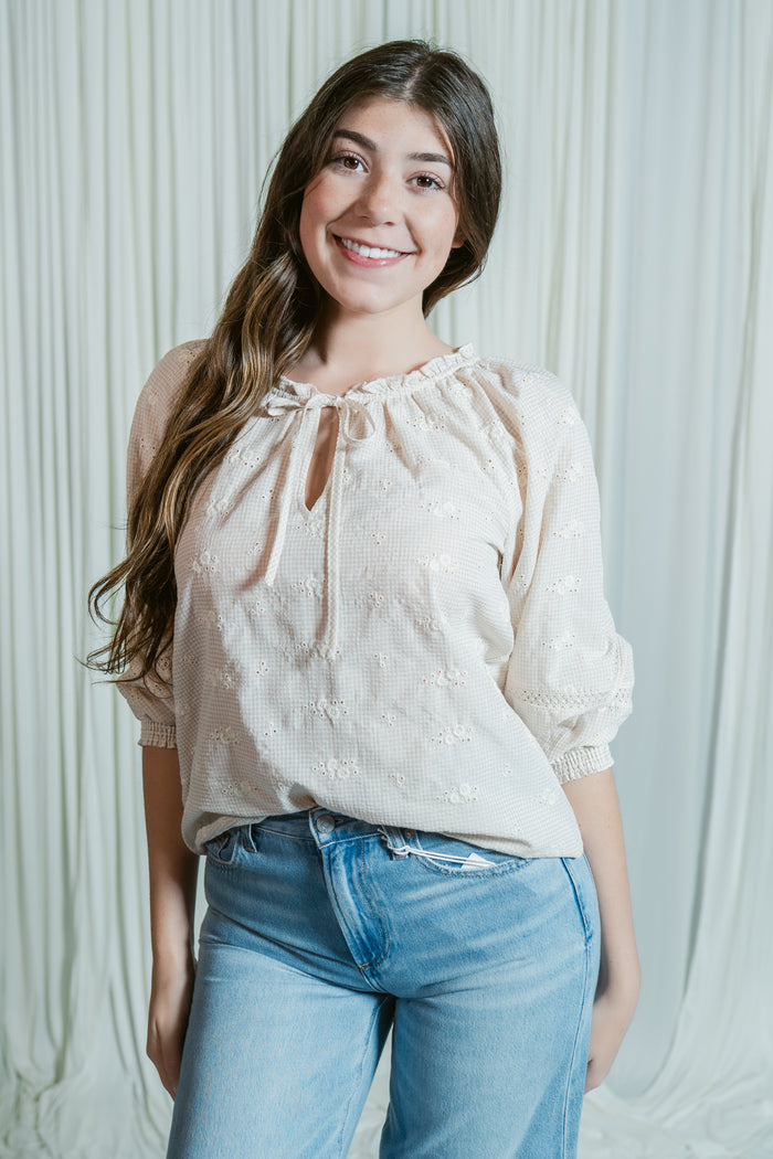 Buttercup Bloom 3/4 Sleeve Split Neck Top W/ Lace Trims