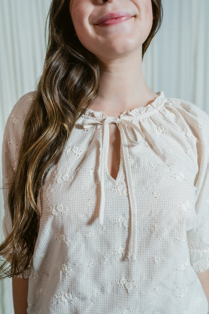 Buttercup Bloom 3/4 Sleeve Split Neck Top W/ Lace Trims