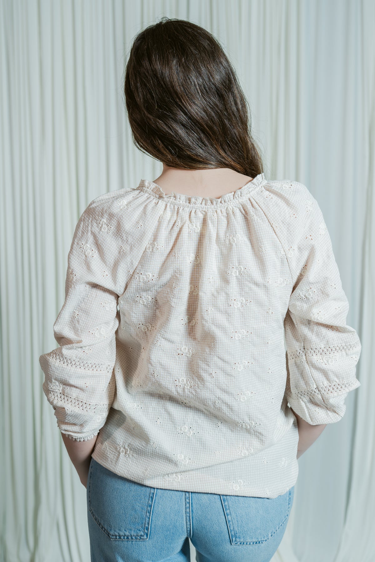 Buttercup Bloom 3/4 Sleeve Split Neck Top W/ Lace Trims