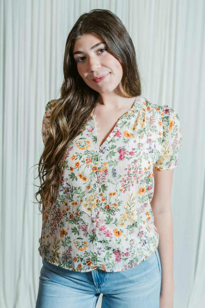 WildFlower Button Front Top W/Ruffles