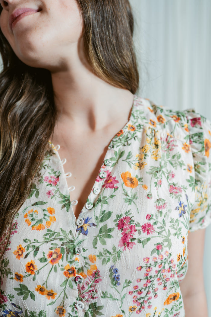 WildFlower Button Front Top W/Ruffles