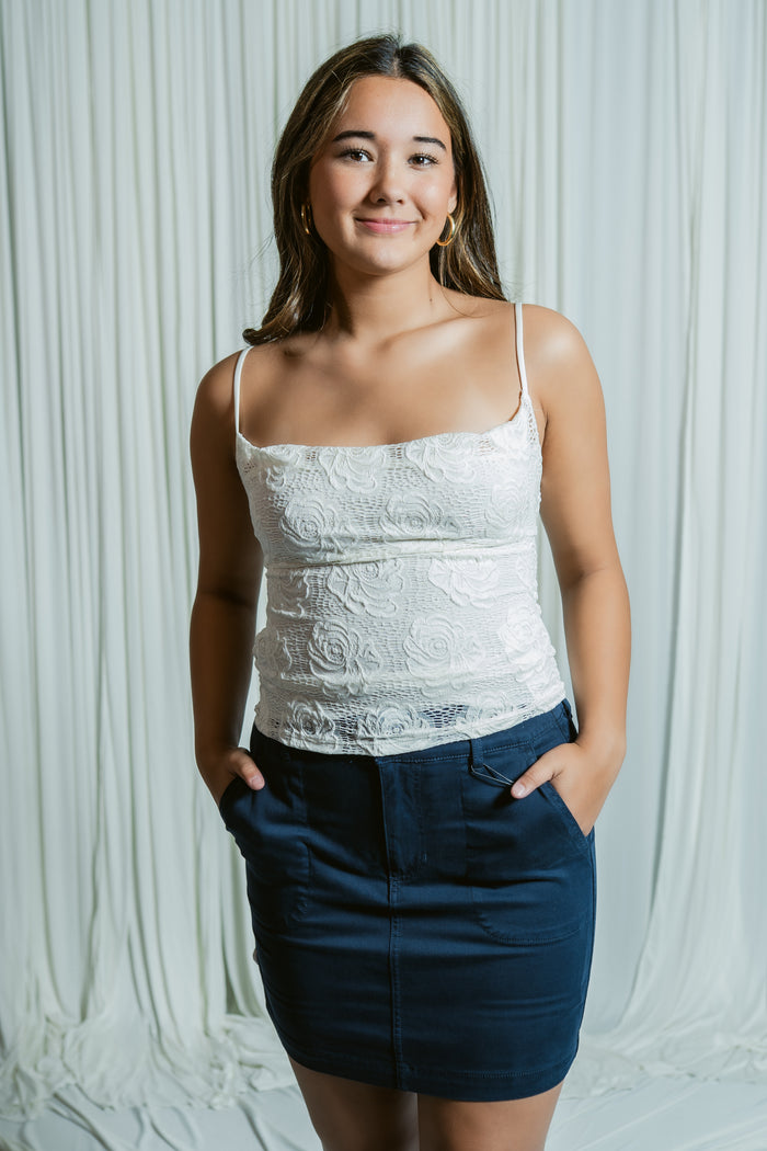 After Hours Lace Cowl Neck Tank Top