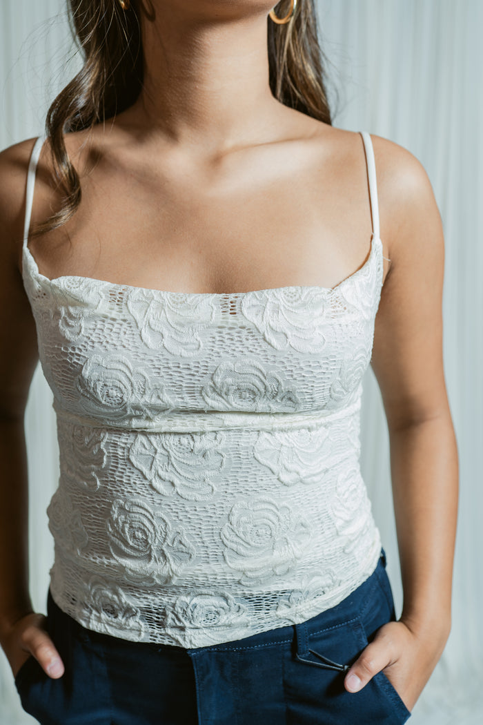 After Hours Lace Cowl Neck Tank Top
