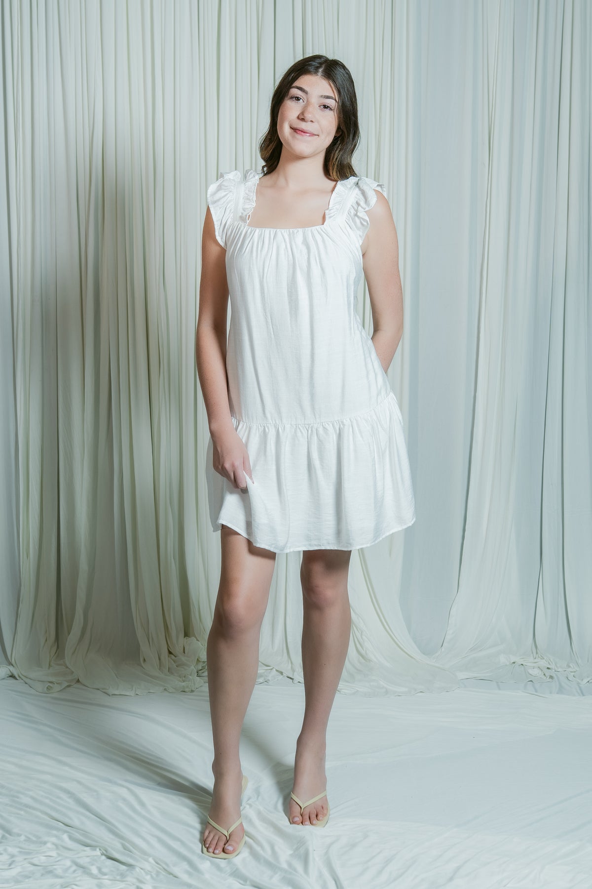 Coastal Crush Ruffle Strap Mini Dress W/ Waist Tie