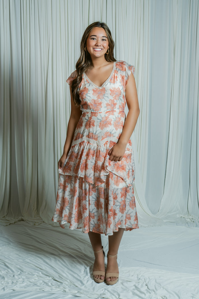 Moscato Floral Ruffle Short Sleeve Midi Dress