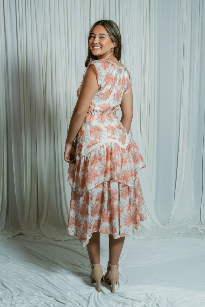 Moscato Floral Ruffle Short Sleeve Midi Dress