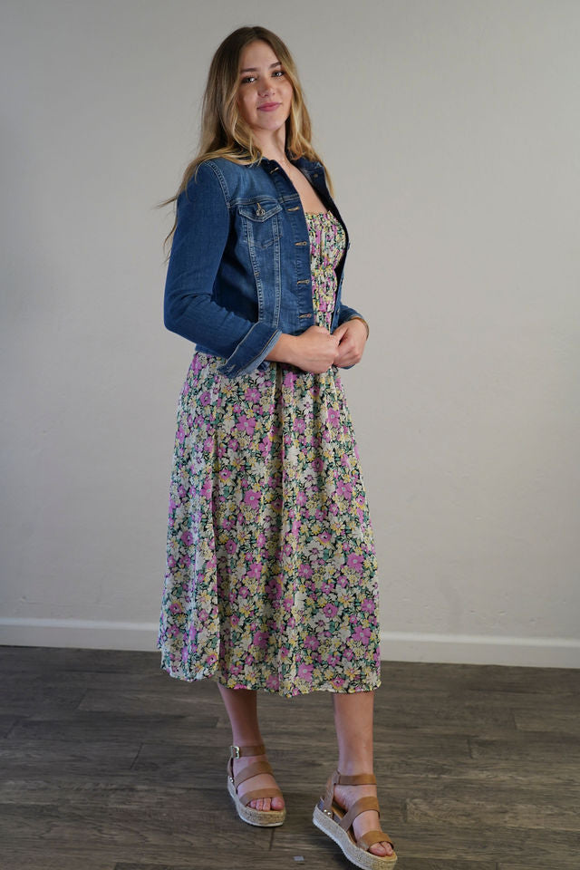 CLEARANCE-Elastic Waist Floral Midi Dress Black Floral / Small CLEARANCE-Elastic Waist Floral Midi Dress Black Floral / Small