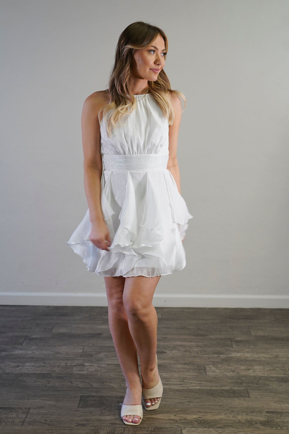 CLEARANCE - Halter Neck Ruffle Mini Dress For Elyse CLEARANCE - Halter Neck Ruffle Mini Dress For Elyse