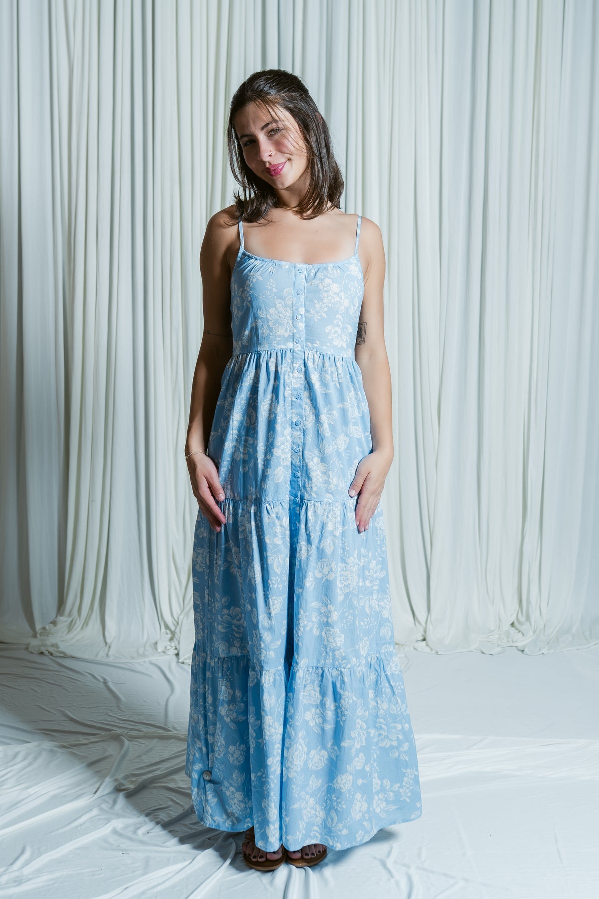 The Porcelain Petal Button Down Tiered Maxi Dress