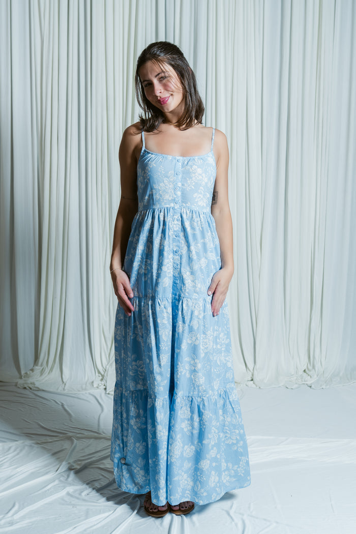The Porcelain Petal Button Down Tiered Maxi Dress