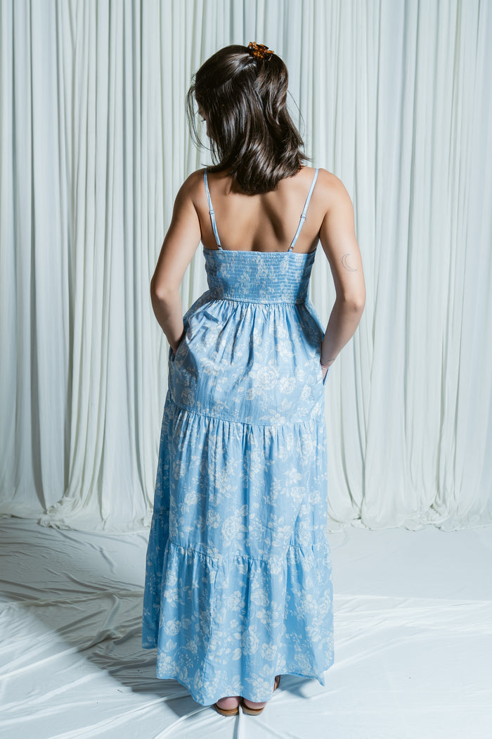 The Porcelain Petal Button Down Tiered Maxi Dress