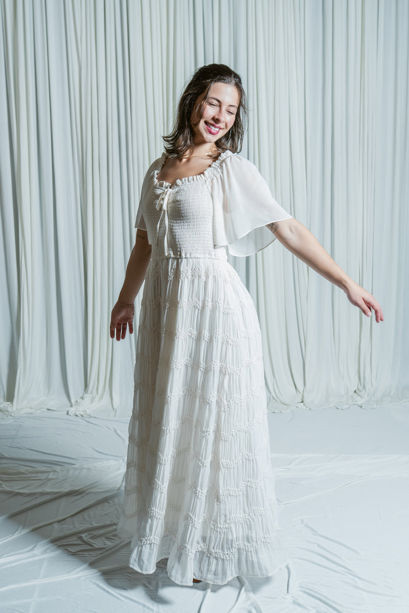 Graceful Smocked Midi Dress W/ Flutter Sleeves Vanilla / Large