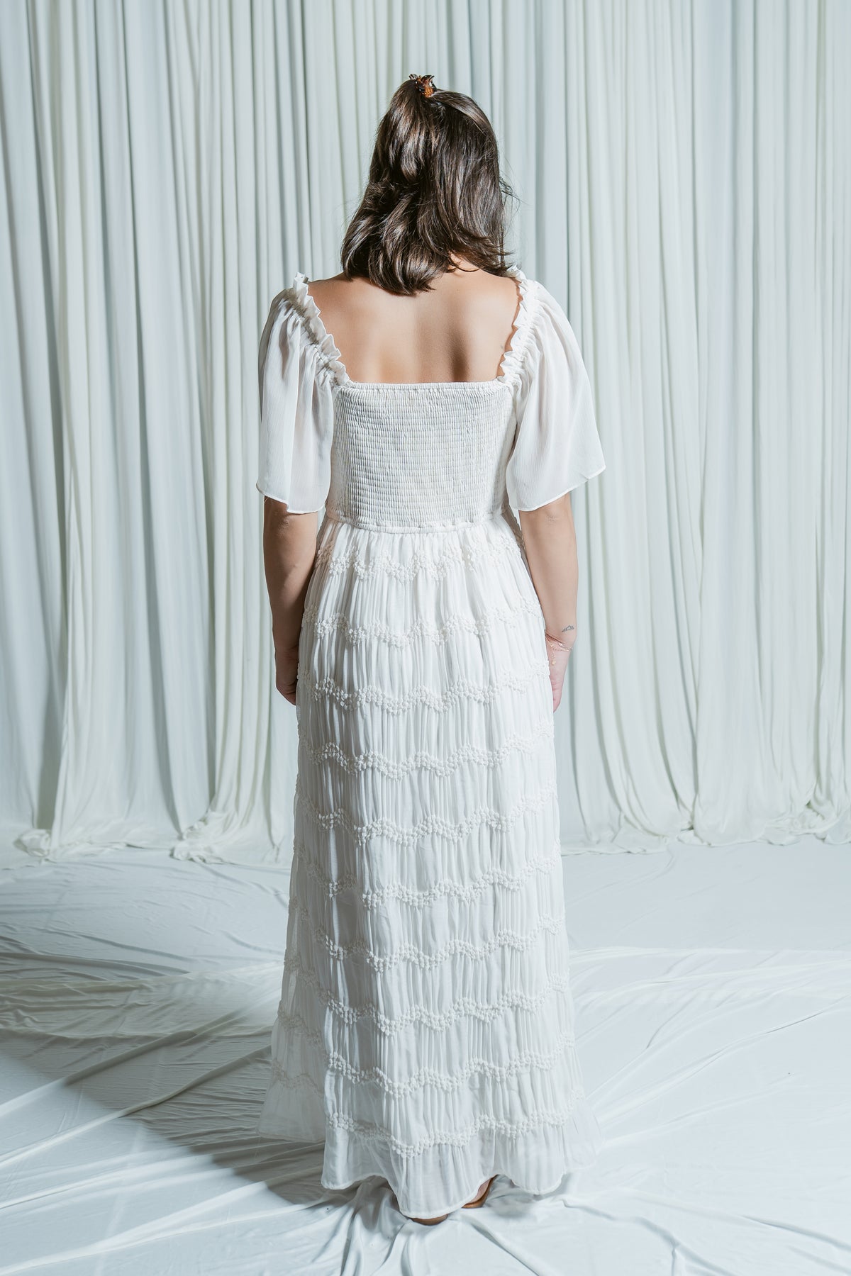 Graceful Smocked Midi Dress W/ Flutter Sleeves Vanilla / Large