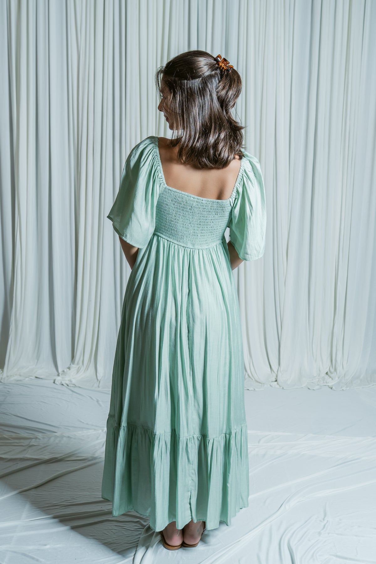 Whispering Willow Sweetheart Smocked Midi Dress