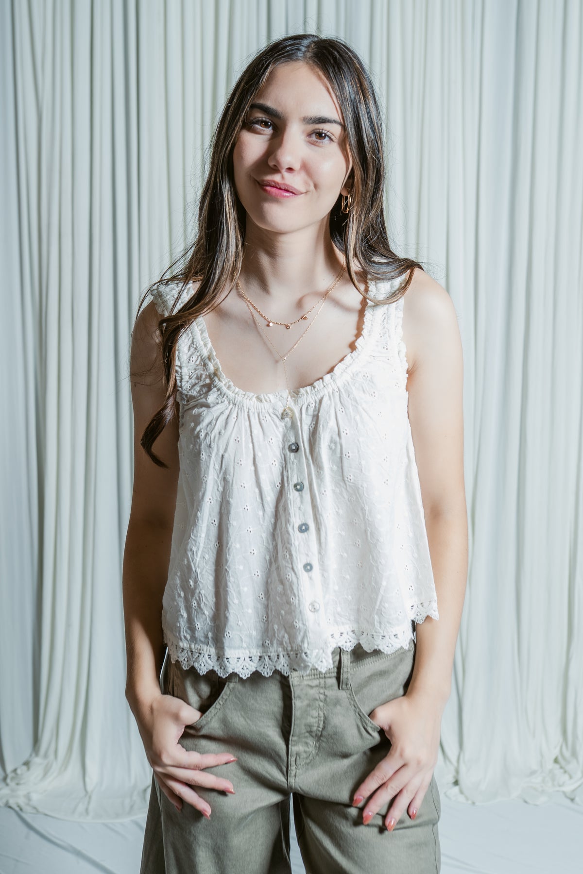 Leticia Eyelet Button Front Cropped Tank Top